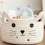 Cat Storage Basket Woven Organizer with Ears Easter Decorative Gift Basket 8.3"