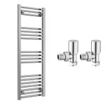 Reina Capo Flat Chrome Bathroom Heated Towel Rail 1200 x 400 and Manual Valves