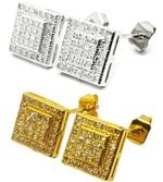 Gold Silver Ear Studs Earrings Crystal Ice Out Bling Square Mens Hip Hop C017