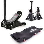 3T HEAVY DUTY TROLLY JACK & 2 AXEL STANDS W/ 3FT ROLLING MACHANICS CAR CREEPER