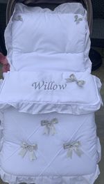Personalised White Pram Pushchair Footmuff Cosytoes with  Bows. Boy Girl Unisex