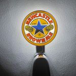 Brand New Newcastle Brown Beer Badge! Newcastle Brown Pump Badge! Frog Eye Lens