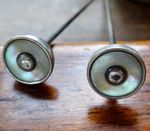 PAIR antique Edwardian SILVER mother of pearl  top 6.25" long hat pin -S106