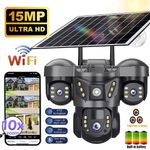 3 Lens Security Camera WiFi 15MP PTZ Solar Powered Wireless 10x Zoom W/SD Card