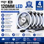 4 Pack PC Case Cooling Fan Dual Ring Whit LED 120mm Silent 4-Pin Molex Connector