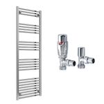 Reina Capo Flat Chrome Bathroom Heated Towel Rail 1800 x 500 and TRV Valves