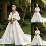 Elegant Wedding Dresses Satin Long Puffy Sleeve V Neck Sweep Train Bridal Gown