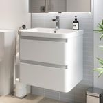 White Gloss Wall Hung Vanity Unit & Basin - 600mm Width Modern Bathroom Storage