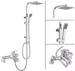 Shower Kit Twin Head Chrome Square Fixed Head Riser Rail With Bath Mixer Tap Set