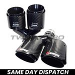 GLOSS BLACK CARBON FIBRE AKRAPOVIC EXHAUST TIPS 4” STEEL TWIN Y PIECE STAGGERED