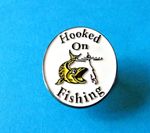 New HOOKED ON FISHING pin badge, Fishing interest.  