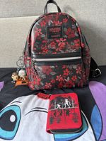 Loungefly Stranger Things Black & Red Floral Mini Rucksack Backpack Zipper Charm