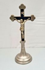 Vintage West German Standing Crucifix - Black Inlay Metal Altar Cross - 25cm