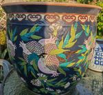 Large Massive Chinese Fish Bowl Planter Famille Norie  Pomegranates 38x32cm