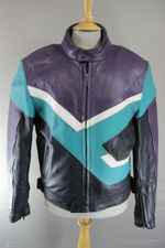 VINTAGE POLO SPORTS PURPLE, BLACK, TURQUOISE & WHITE LEATHER BIKER JACKET: 40"/M