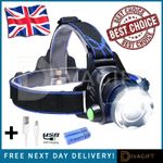 NEW T6 HEADLAMP 350000LM LED ZOOM HEADLIGHT RECHARGEABLE HEAD TORCH USB LINE UK