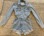 Zara Light Blue Denim Collared Cut-Out Long Sleeve Playsuit with Frayed Hem, S