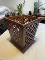 Vintage Hardwood Indian Jali Style Carved Wooden Waste Paper Bin / Basket