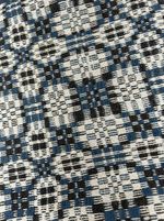 antique coverlet 3 color blue black cream 72 x 87 center seam 19th original 