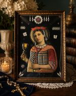 Antique Embroidered Greek Icon of Saint Barbara Folk Art 1930 Framed
