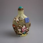Vintage Chinese Famille Rose Enameled Scholar Crane Overlay Snuff Bottle
