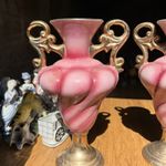 Pair of Ornate Pink Porcelain Vases with Gold Trim