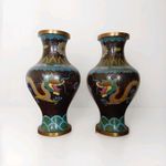 Pair Large Vintage Chinese Cloisonne Dragon Vases 9" Brass Enamel Baluster 