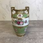 Vintage Noritake Moriage Twin Handle Vase Green Gold Raised Floral Decorative