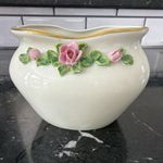 Dresden White Ceramic Vase Pink&Green Rose Floral Relief Gold Trim Glossy Decor