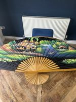 Large Asian Hand Painted Bamboo & Fabric Folding Decorative Wall Fan