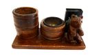 VINTAGE WOODEN BLACK FOREST CARVED SMOKERS SET BEAR ASHTRAY MATCHHOLDER