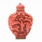 Chinese Snuff Bottle Cinnabar Immortal Scene Red Stopper Gilt Qing Marked 20C