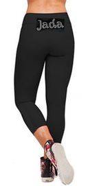 Personalised Black Lycra Leggings Three Quarter Gymnastics Name in Rhinestones