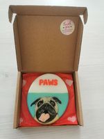 Humourous Portrait Of A Pug In A Jaws Style. Painted On A Small Oval Stone Disc