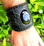 Men bracelet onyx stone genuine black Buffalo Bison leather cuff adjustable