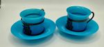 Unusual Art Deco Early Republic Chinese Blue Peking Glass Demitasse Set Of 2