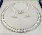 Imitation Pearl Set Necklace Bracelet & Earrings Silver Tone Rhinestone