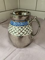 Vintage Crescent Silver Ceramic Pitcher – Blue Greek Key & Scallop Pattern Jug