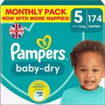 Pampers Baby-Dry Nappies Size 5, 174 Nappies, 11kg-16kg, 100% Leak-Free Night