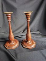 Pair of Oak Candlestick Holders - Art Deco Turned Wood brass sconces 10" tall.