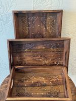 Handmade Wooden Tray Set – 3 Piece Set with Brass Coating & Hand-Carved Design