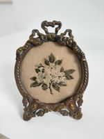 Antique French Gilt Metal Small Photo Frame Easel Stand Bow Finial & Needlework