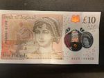Rare error £10 note, unique serial number 100003, and print error on number 1