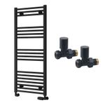 Reina Capo Flat Black Bathroom Heated Towel Rail 1200 x 500 and Manual Valves