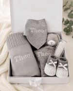 Personalised Baby Neutral Gift Set Embroidered Name Grey Newborn Keepsake Box