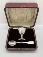 Antique Solid Sterling Silver Egg Cup & Spoon Boxed Christening Set