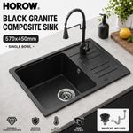 HOROW Black Granite Composite Kitchen Sink 570x450mm Single Bowl Waste Kit