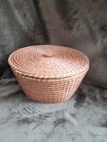 Vintage Straw Weave Large Red Lined Storage Basket With Lid Decorative Boho Tiki