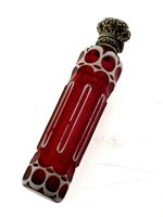 Antique Victorian Cranberry Overlay Cut Glass Scent Bottle Silver Hinged Top