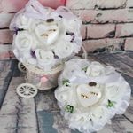 Beautiful Ring Pillow Cushion Heart-Shaped Ring Box with Green Purple Flower